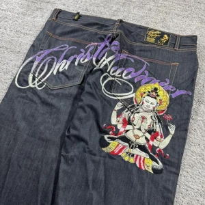 Baggy Wide Leg Y2K 2000s Loose Jeans Embroidered Buddha Casual Denim Pants Harajuku High Waist Straight Jeans Y2k Women Clothing