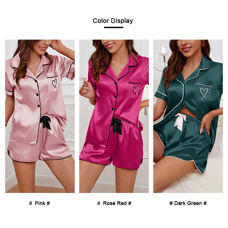 Women's Pajamas Lounge Set Heart Embroidered Pocket Patched Sleepwear Button Down Short Sleeve Top & Shorts Pyjama Home Clothing - Image 3